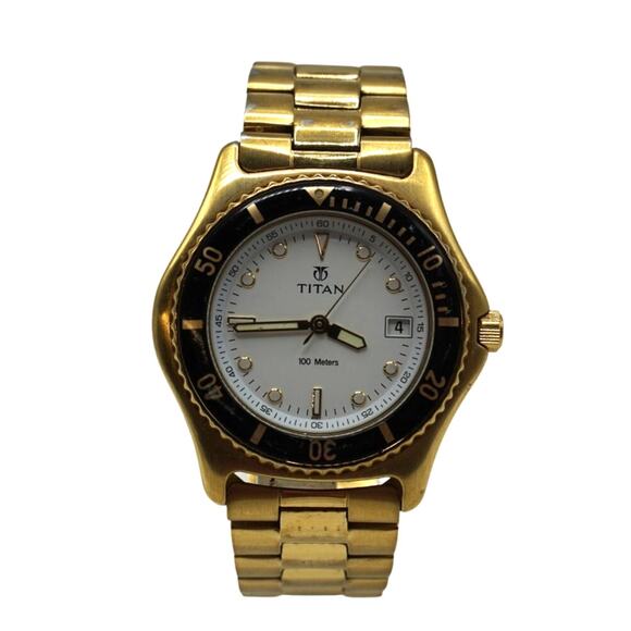 Titan Quartz Watch Men 100m Gold Steel Date New Battery - Picture 1 of 6